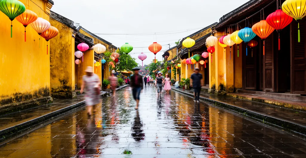 Rue de Hoi An après une averse, sol mouillé reflétant les lanternes traditionnelles
