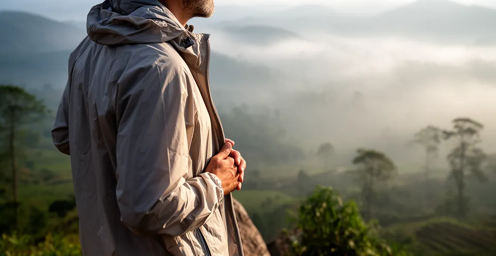 Voyageur observant le paysage montagneux du Nord Vietnam dans la brume matinale