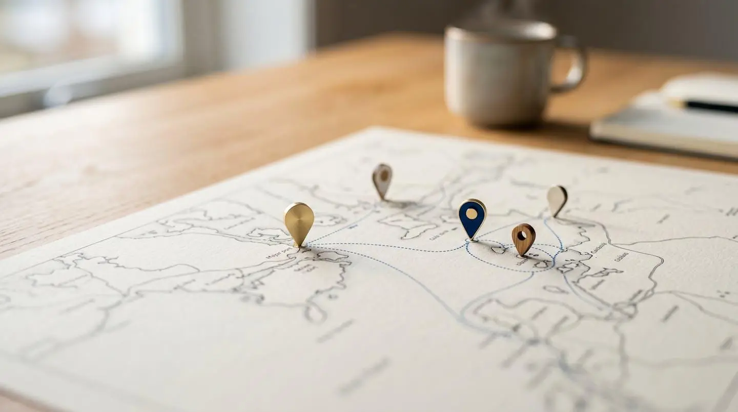 Vue en très gros plan d'une carte stylisée montrant l'arc méditerranéen entre France et Italie avec des épingles modernes posées sur une surface de bureau contemporaine