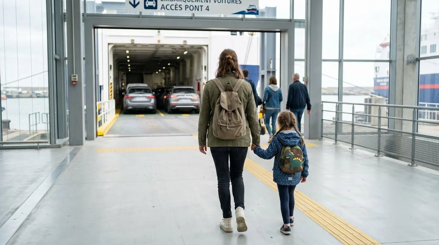 Une famille vue de dos embarquant leur voiture sur un ferry, avec la rampe d'accès moderne visible en arrière-plan