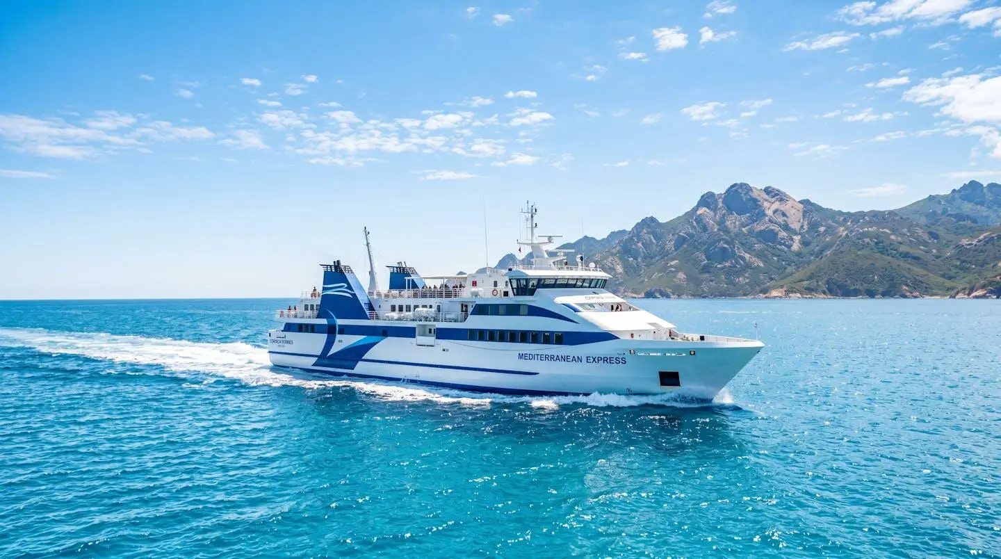 Un ferry moderne naviguant en pleine mer Méditerranée par temps ensoleillé avec le littoral corse visible à l'horizon